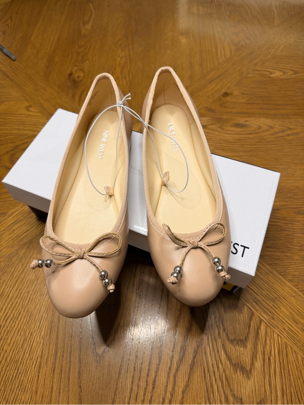 Nine West Nude Ballet Flats with Decorative Bow and Bead Accents